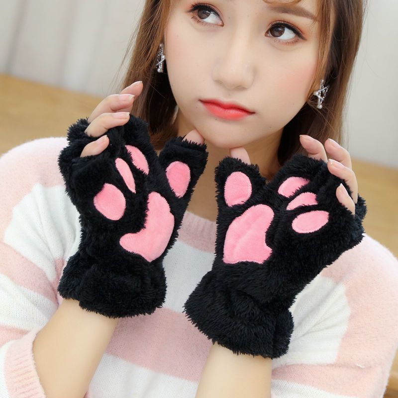 ถุงมือครึ่งนิ้ว Cat Paw & Bear Paw Plush สำหรับผู้ชายและผู้หญิง ออกแบบน่ารัก สไตล์เกาหลี อบอุ่นในฤดู