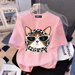 Teddy Tee 💖 เสื้อน่ารักเสื้อสาวอวบ OVERSIZE พิมพ์ลาย "Cool Cat" เสื้อแฟชั่น เสื้อคอกลม ผ้าCOTTON โคตรนุ่ม【COD】