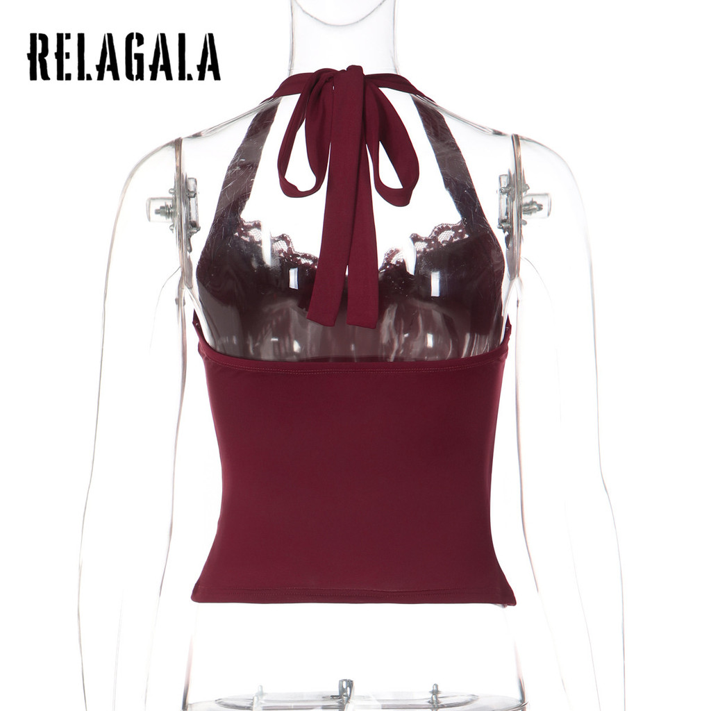 RELAGALA เสื้อชั้นในหญิงขอบลูกไม้ สไตล์เซ็กซี่Halтер โทปส์ สีทึบ — صورة 7