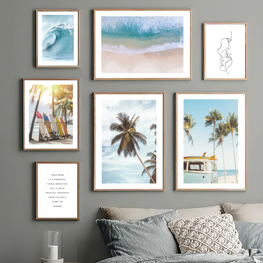 คลื่นกระดานโต้คลื่น Calm Beach Coconut Tree Car One Line โปสเตอร์ Travel Wall Art พิมพ์ผ้าใบภาพวาดตก