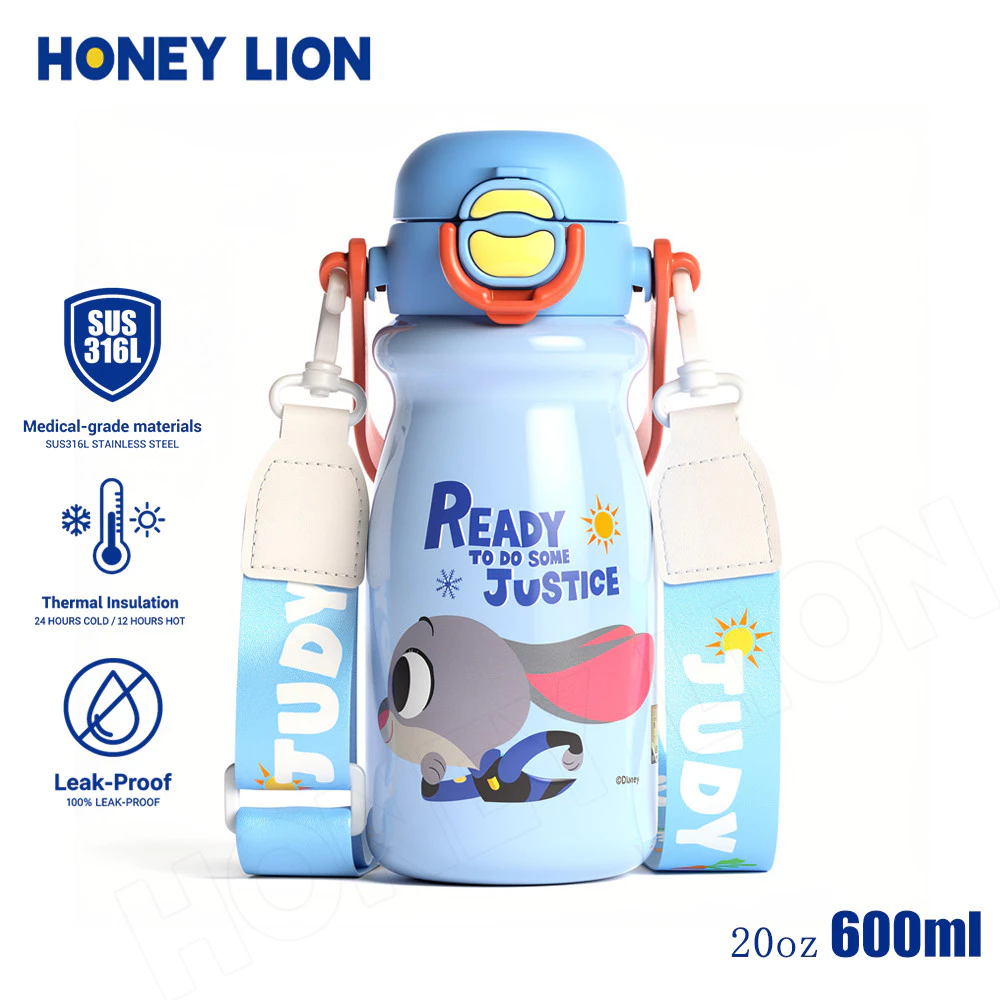 Disney x HoneyLion กระติกน้ำเก็บความเย็น 24 ชม. สแตนเลส 316L หนา 5 ชั้น มีสายสะพาย ล็อกกันเปิดเอง พกพาไปแคมป์ปิ้ง/ออกกำลังกาย