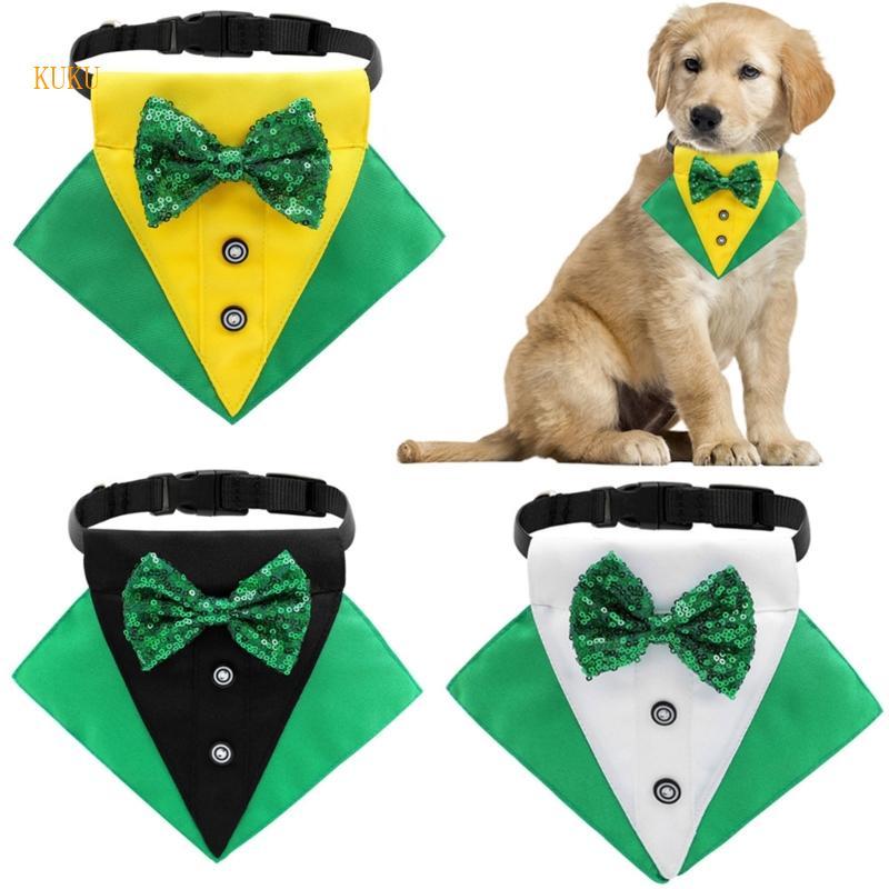 KU* Dog Triangle Bib with Bows Tie Pet Scarves Patrick Day Dog Bandanas