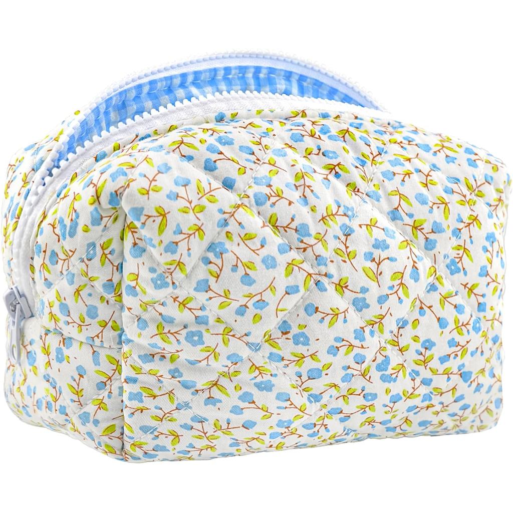 กระเป๋าแต่งหน้า Small Travel Quilted Cosmetic Bag Organizer, Floral Checkered Cotton Coquette Aesthe