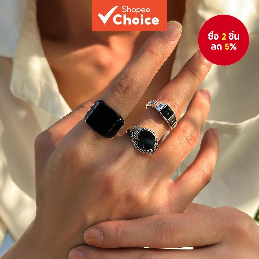 3 ชิ้น Stackable Black Square & Round Rings Set for Men - Cool Fashion Jewelry for Daily Wear & Hip 