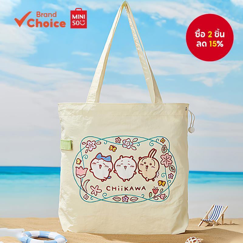 MINISO  กระเป๋าโท้ทไหล่เดี่ยวลายปักพวงดอกไม้สุดน่ารักและสวยงามจากซีรีส์ chiikawa ขนาด 45 ซม. × 35 ซม. น้ําหนักเบาพกพาสะดวกทุกวัน