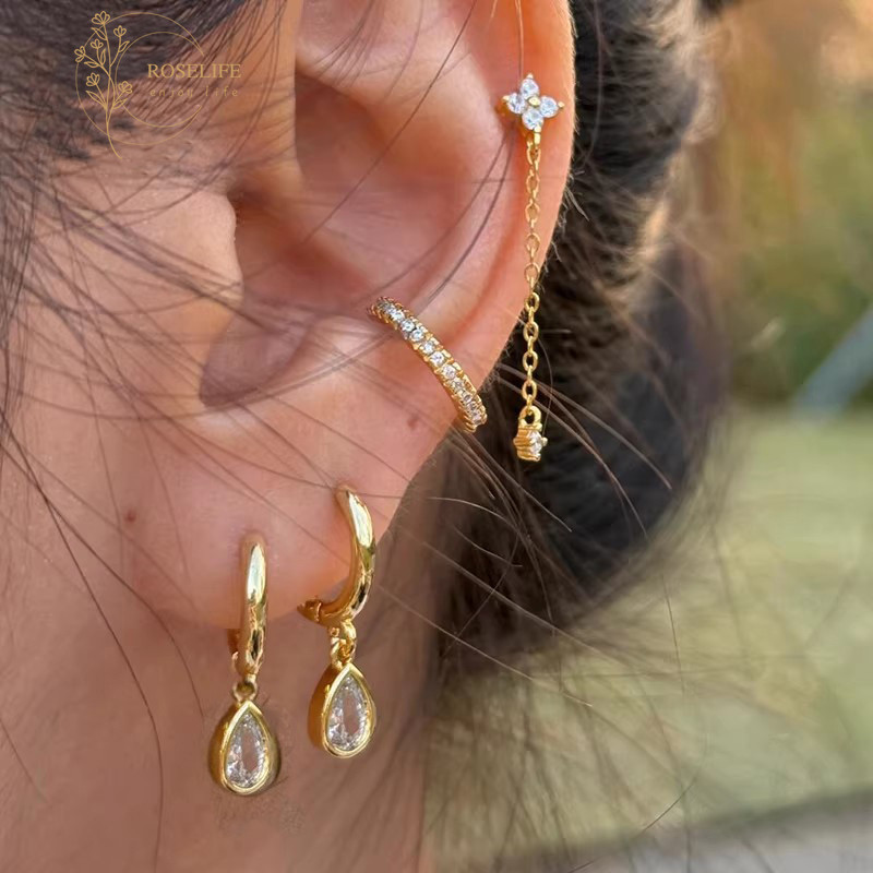 ต่างหูวงแหวนทรงหยดนํ้า ทำจากคริสตัลและทองคำขาว 14K เหมาะสำหรับสวมใส่ในโอกาสต่างๆ