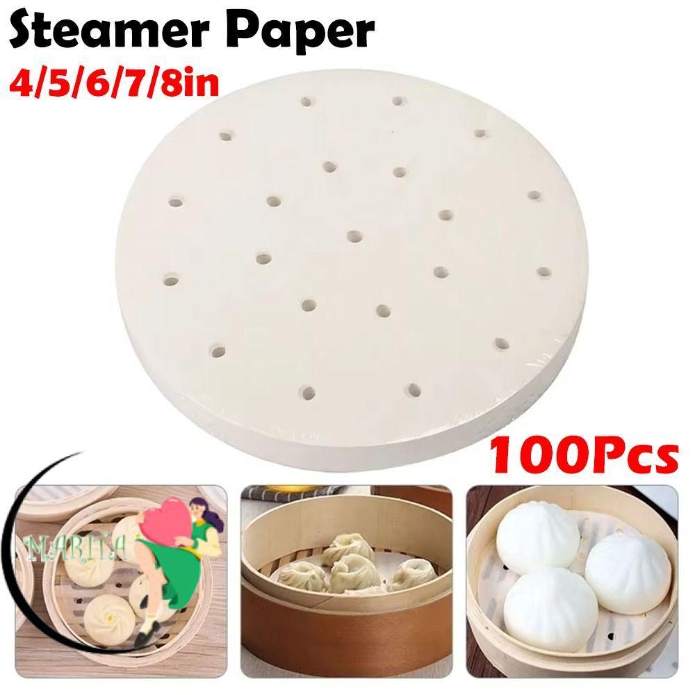 MARITA 100 ชิ้น Steamer กระดาษ, ทิ้ง 4/5/6/7/8in Buns ขนมอบกระดาษไม่ติด, รอบ Buns Pad กระดาษครัวทําอ