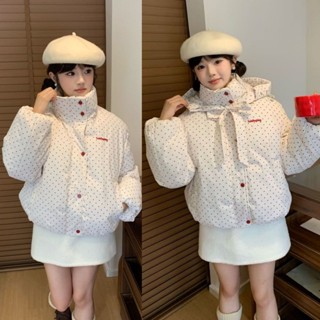 Bow Knot Polka Dot เสื้อแจ็คเก็ตหลวมสั้นอบอุ่นใหม่ Hooded Sw…