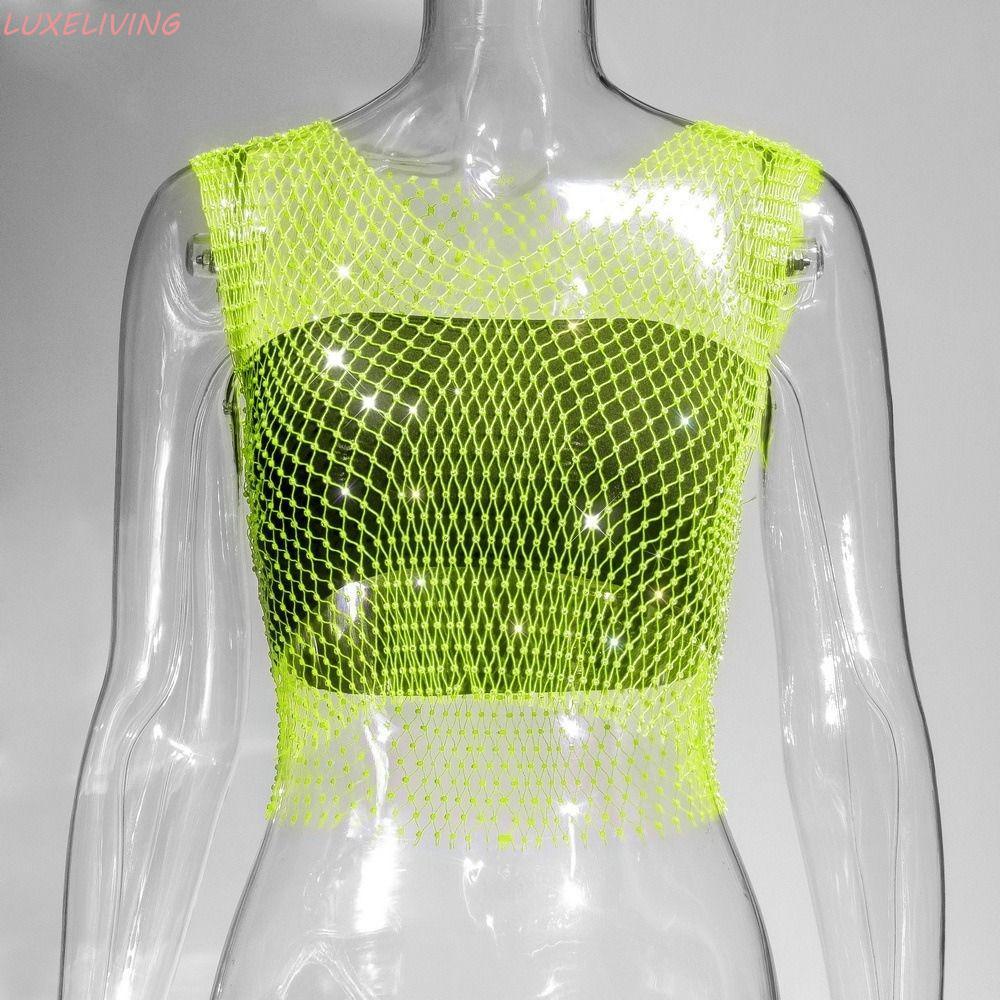 LUXELIVING ตกปลาสุทธิเสื้อกั๊กกลวง,คอวีเพทาย Rhinestone Camisole,แฟชั่นตาข่ายยืดหยุ่นเสื้อกล้ามคริสตัลBeachwear Lady