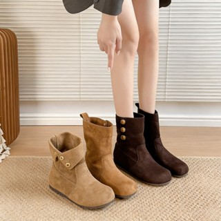 รองเท้าบูทหุ้มข้อสไตล์เรโทรสำหรับผู้หญิง ทำจากหนังกลับ พื้นน…