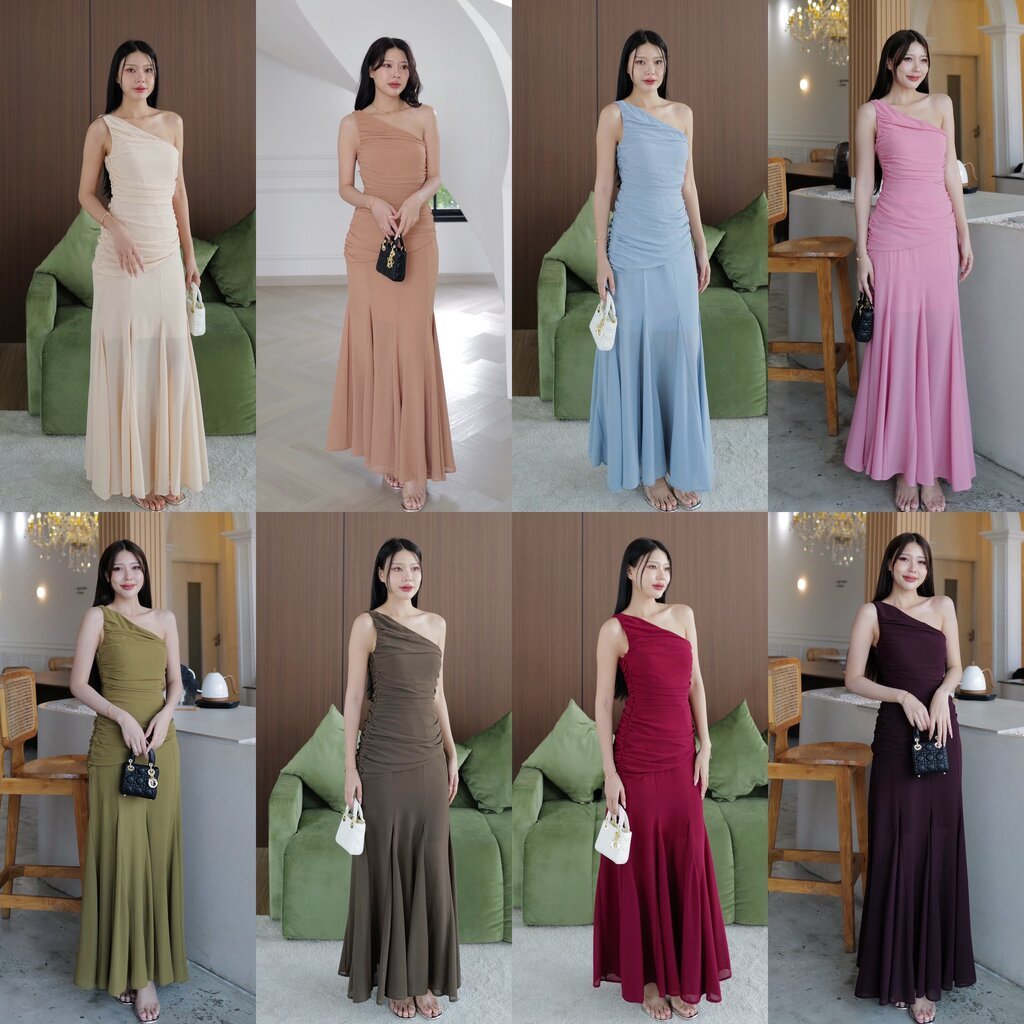 #5043# Eve งานเดรสยาวไหล่เดียวสวยปังมากกก ผ้านิ่มไม่คันมีซับใน