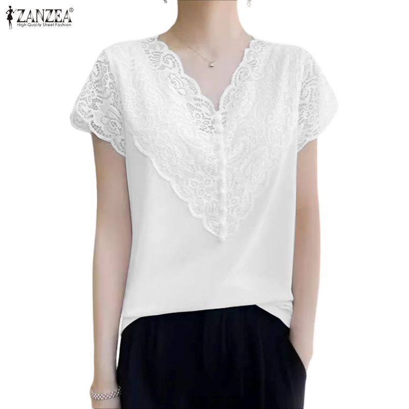 เสื้อลูกไม้โครเชต์สไตล์เกาหลีหรูหรา แบบ V-neck กับแขน raglan พิมพ์ลาย patchwork สไตล์เรียบหรูสำหรับผู้หญิง