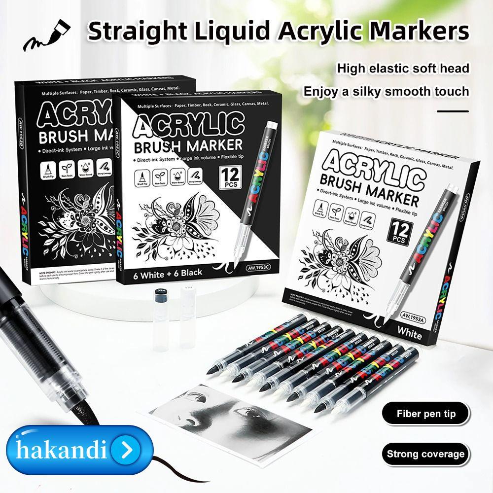 CANICE 12 ชิ้น/กล่องอะคริลิค MARKER ปากกา,สีดํา/สีขาว Soft Tip Premium Highlight Marker, DIY แห้งเร็วแปรงกันน้ํา Tip Marker ภาพวาดผ้าใบ