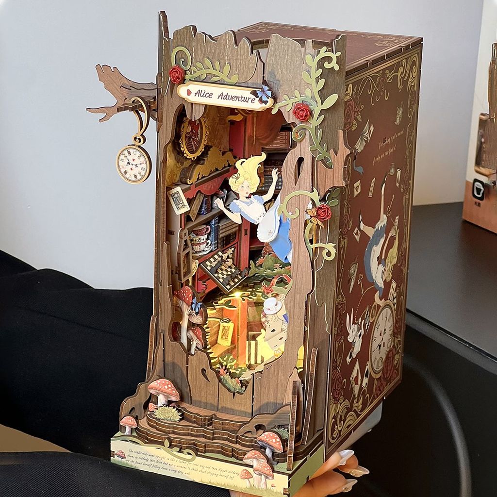 Rolife rolife rolife rolife ตก wonderland bookend กระท่อม diy ประกอบบล็อกตัวต่อทําด้วยมือของเล่นของข