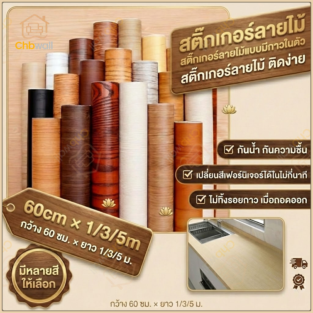 วอลเปเปอร์ติดผนัง ลายไม้ สติกเกอร์ติดตู้ครัว กันน้ำมัน ทนร้อนสูง 0.3mm สติ๊กเกอร์ติดโต๊ะ DIY ฟิล์มอลูมิเนียม
