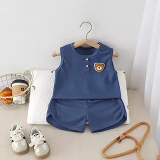 MooDeng Baby ชุดเซต เสื้อแขนกุด กางเกงขาสั้น ผ้าวาฟเฟิล ผ้าผสม คอกลม แขนสั้น เอวยางยืด ขาสั้น