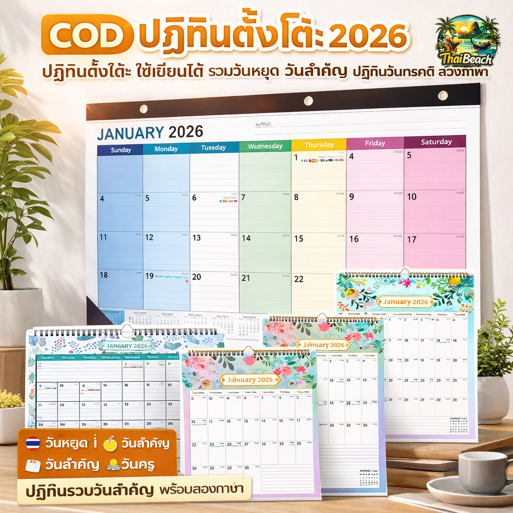 COD ปฏิทินตั้งโต๊ะ 2026 ปฏิทินแขวนผนัง ปฏิทินใจเย็น รวมวันหยุด วันพระ วันสำคัญ ภาพรวมตลอดทั้งปี