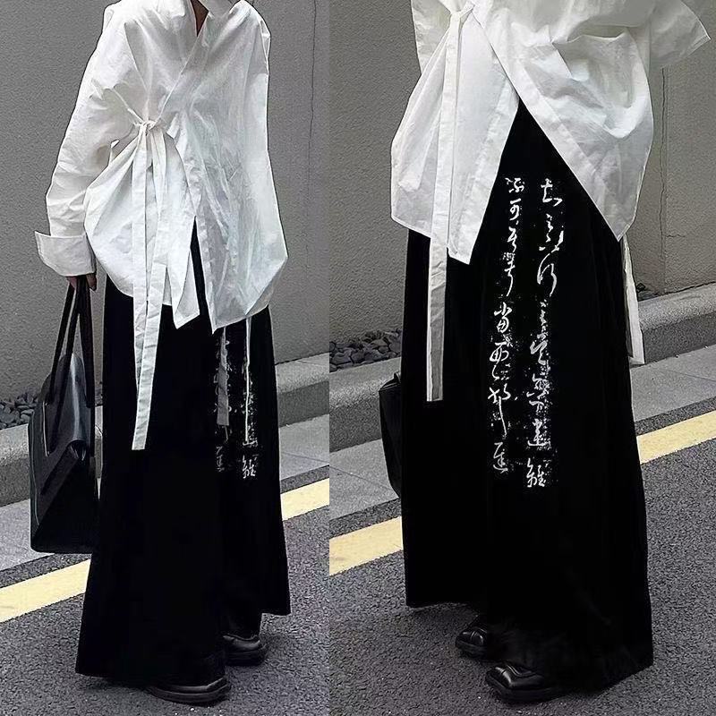 Yohji Yamamoto สไตล์พิมพ์สีเข้มสไตล์จีนใหม่ Unisex Retro ผ้าม่านกางเกงขากว้างสบายๆกางเกงผู้ชาย