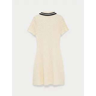 [Pomelo] เดรสโปโลแขนสั้นผ้าถักลายนูนแต่งขอบคอปกสีตัดกัน / Contrast Trim Collar Cable Knit Short Sleeve Polo Dress