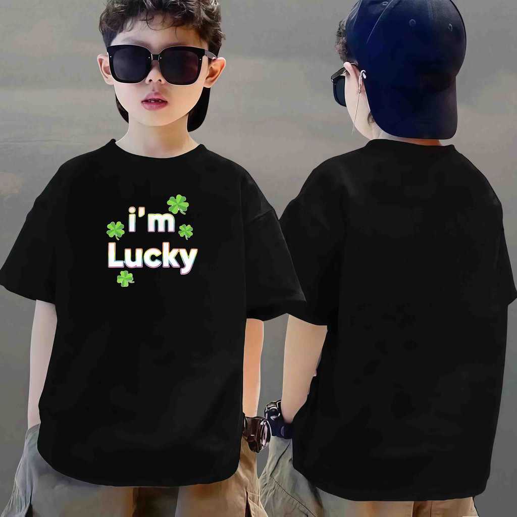 🏮เสื้อยืดเด็ก "i'm Lucky ฉันโชคดี" เนื้อผ้า cotton สำหรับเด็กผู้ชายและผู้หญิงทั้งหมด สไตล์สนุกและตลก