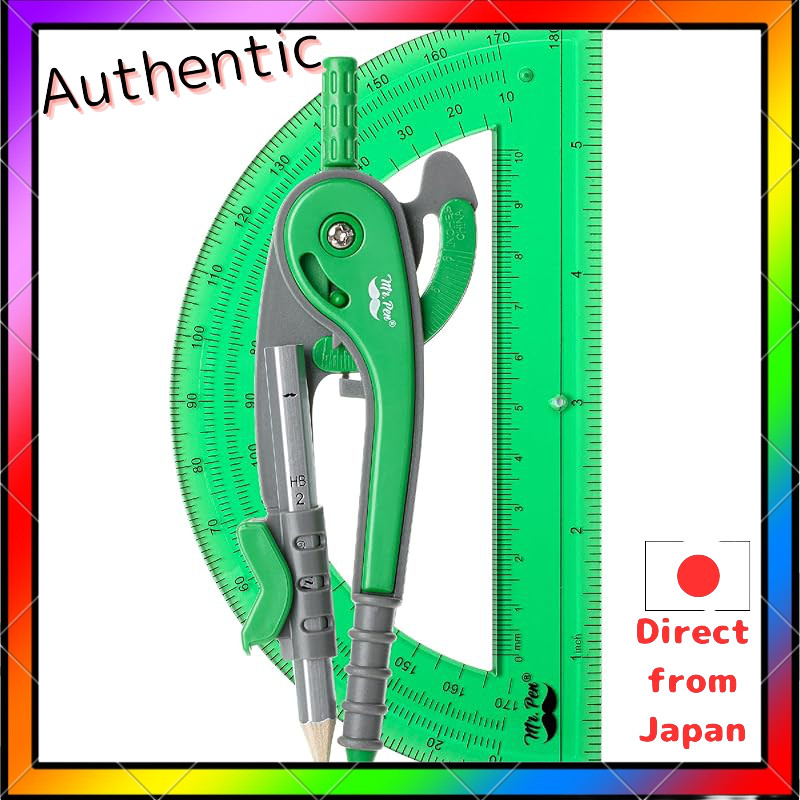 Mr. Pen- Compass and protractor set, lush garden green, compass geometry tool, protractor and compas