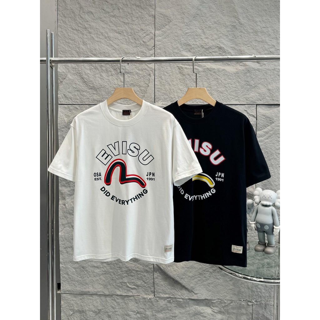 EVISU/God of Fortune/6XL คลาสสิกรอบคอแขนสั้นเสื้อยืดผู้ชายผู้หญิงสไตล์ขนาดใหญ่กีฬาแขนสั้นสีคมชัดสไตล