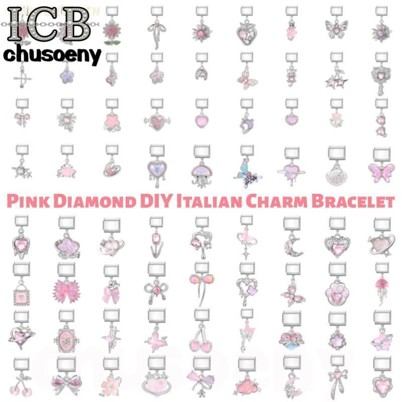 สร้อยข้อมือสแตนเลส DIY สไตล์charmหัวใจอิตาเลียน สีชมพู ขนาด9มม. เพิ่มความสวยงามให้คุณ
