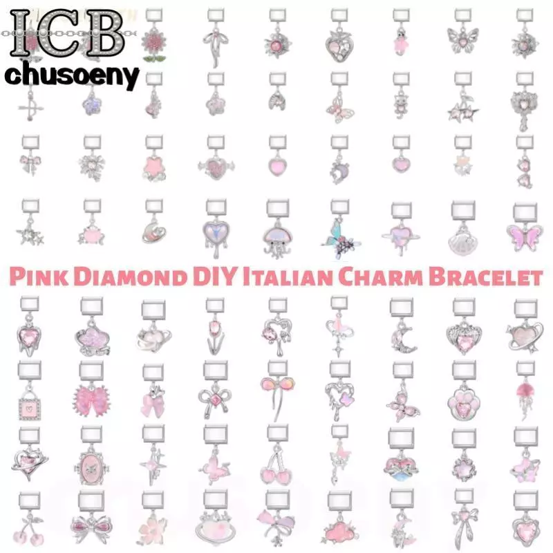 สร้อยข้อมือสแตนเลส DIY สไตล์charmหัวใจอิตาเลียน สีชมพู ขนาด9มม. เพิ่มความสวยงามให้คุณ