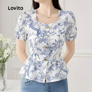 Lovito เสื้อโบโฮผู้หญิง สีฟ้า ติดกระดุมสําหรับฤดูใบไม้ผลิ/ฤด…