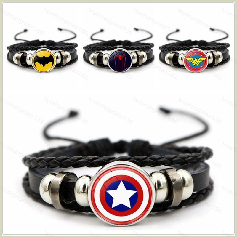 XS1 Marvel Superhero Badge กัปตันอเมริกา Superman Spiderman Flash Hulk อัญมณีสร้อยข้อมือหนัง Boy Men