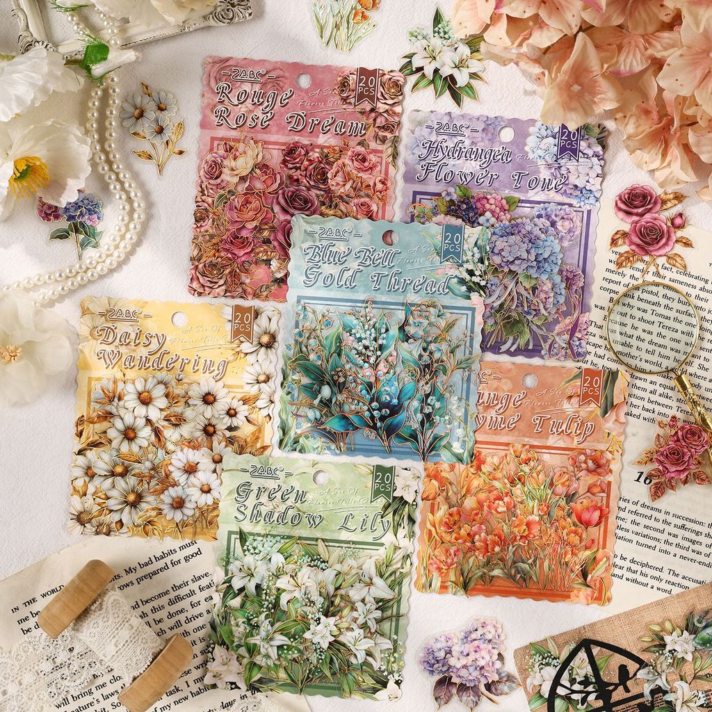 Journamm 20PCS สติกเกอร์สมุดภาพ Vintage PET ดอกไม้สติกเกอร์ Scrapbooking Junk Journal งานฝีมือปักสติกเกอร์ตกแต่ง