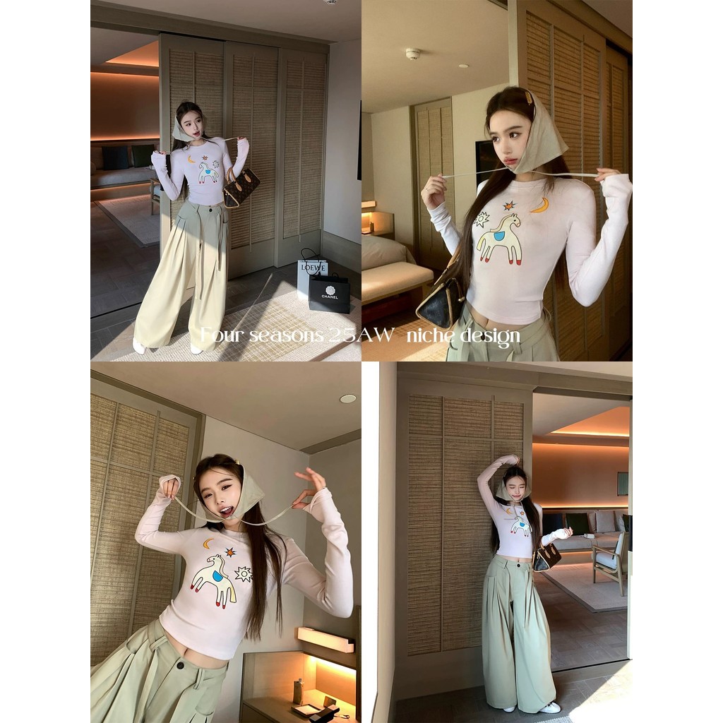 Pony BAO Le Four Seasons Love to Wear Dudu Design Fun Pony เสื้อยืดแขนยาวปัก