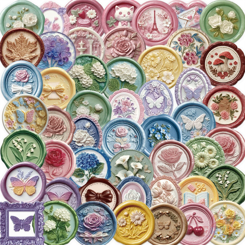 ❉ Retro Colourful Wax Seal Series 02 สติ๊กเกอร์ PET ❉ 50 ชิ้น/เซ็ตกันน้ําแฟชั่น DIY Doodle Decals สติ๊กเกอร์