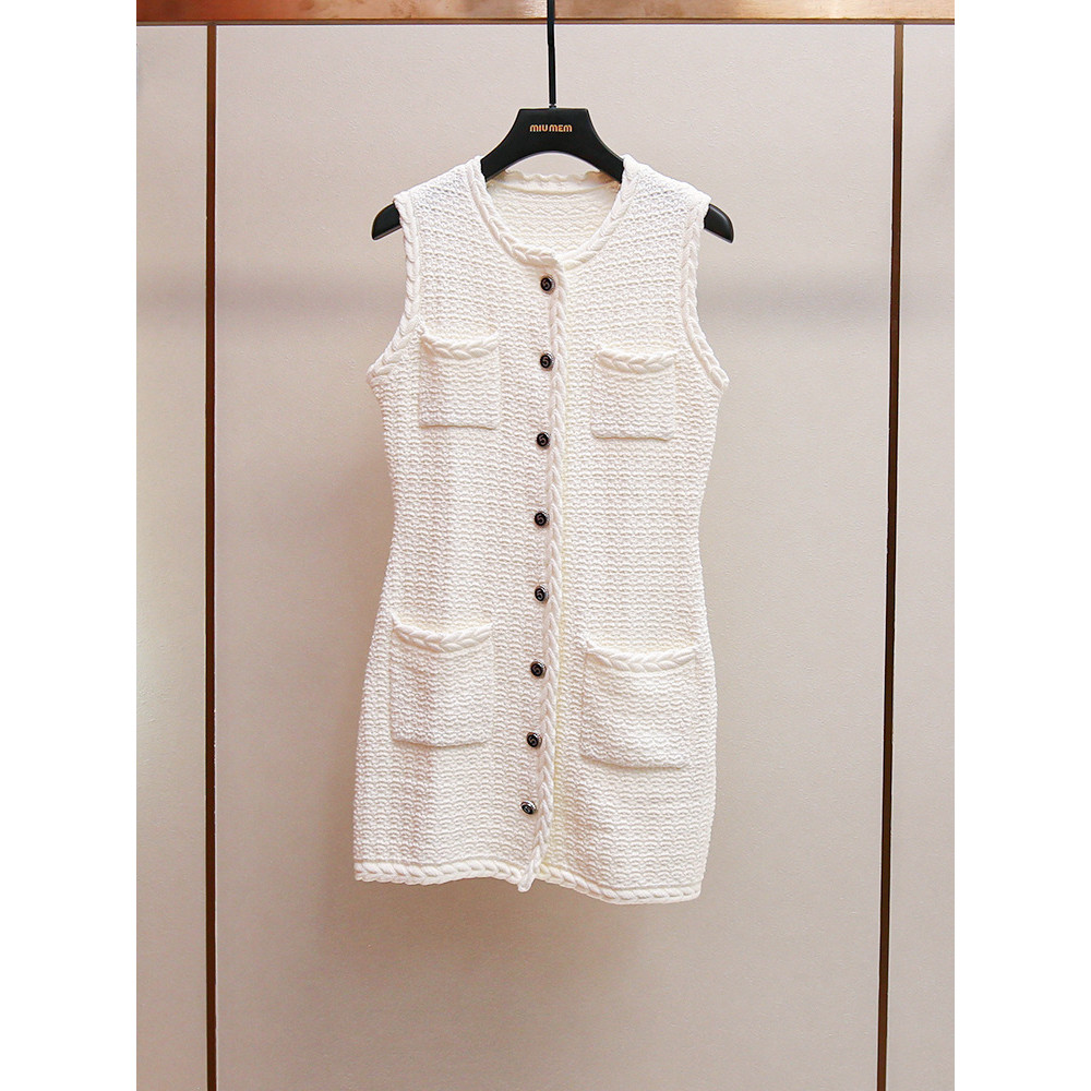 O2UJ maje New women's fashion single-breasted sleeveless knitted short white elegant dress