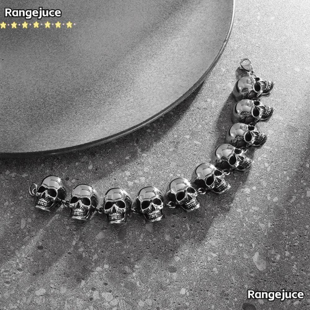 RANGEJUCE Gothic Hell Demon Ghost Head Bracelet, Silver Alloy Skull Beaded Bracelet, High Quality Retro Punk Trend Bracelet