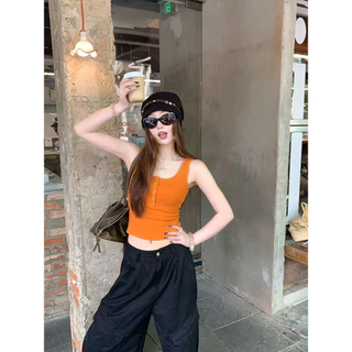 <Moses Queen> เสื้อกล้ามสีส้มฟักทองสำหรับผู้หญิง เหมาะสำหรับใส่เป็นเสื้อตัวนอกหรือตัวใน เสื้อแขนกุด