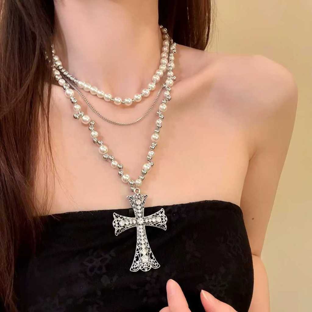 Y2k Pearl Cross สร้อยคอผู้หญิงยาวเสื้อกันหนาวเสื้อกันหนาวเสื้อกันหนาว Gothic Abi อุปกรณ์เสริม