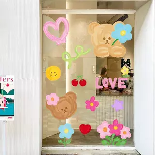 พร้อมส่ง สติ๊กเกอร์สูญญากาศ รูปแบบหมีน้อย ร้านชานม ตกแต่งร้านอาหาร ตกแต่งหน้าต่าง สติกเกอร์แก้ว แบบไม่มีกาว