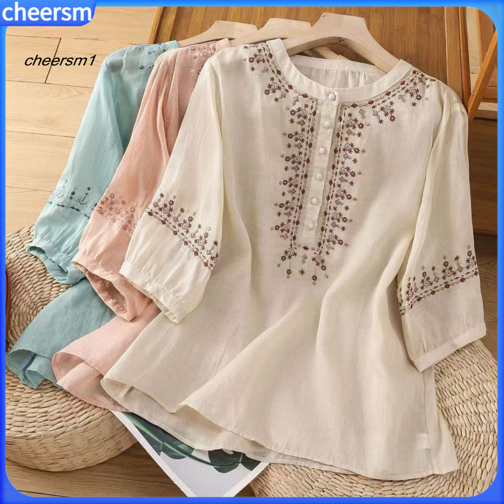[CS] แขนสามในสี่เสื้อ Soft Tops ผู้หญิงs Retro ปักดอกไม้เสื้อฤดูร้อนเสื้อสวมหัวรอบคอ 3/4 แขนเสื้อน้ํ
