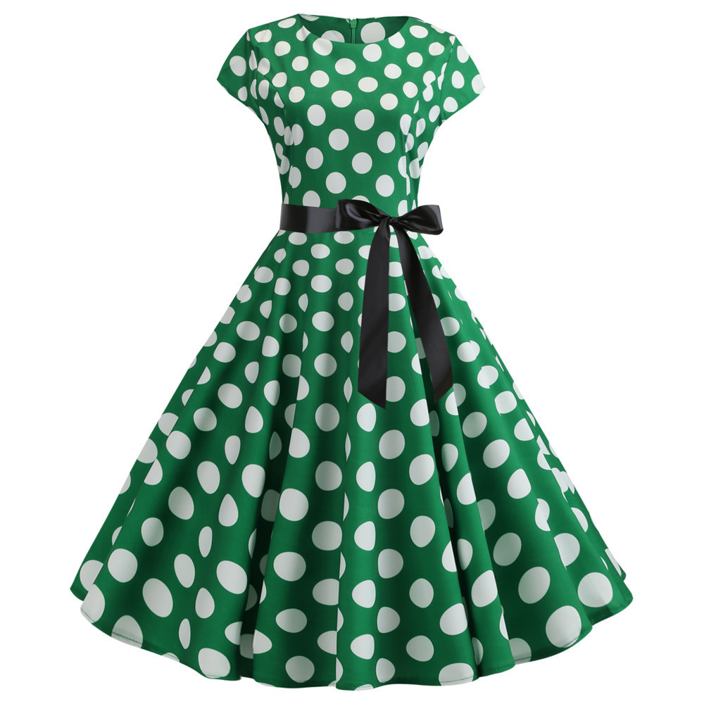 ❥Retro 50s 60s Rockabilly❥Retro Polka-Dot Color-Blocking Round Neck Cap-Sve Large Swing Dress เอว m 