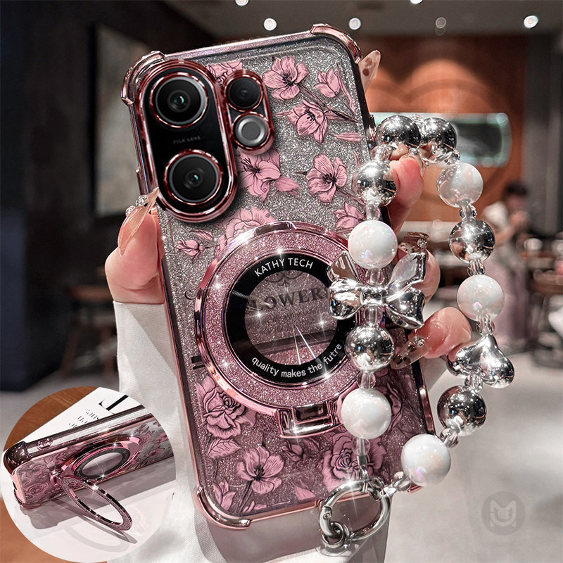 ปลอกสําหรับ VIVO V70 FE V60 V50 Lite V40 Pro Glitter แม่เหล็กไร้สายชาร์จ Bracket กรณีพร้อมสร้อยข้อมือ