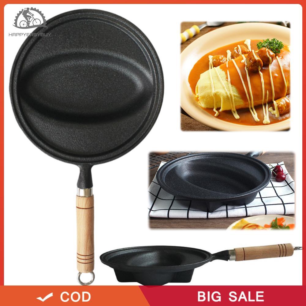 กระทะเหล็กหล่อด้ามไม้ Omurice ทําอาหารหม้อ Non-Stick แพนเค้กแม่พิมพ์ Skillet กระทะ Anti-Scald สําหรั