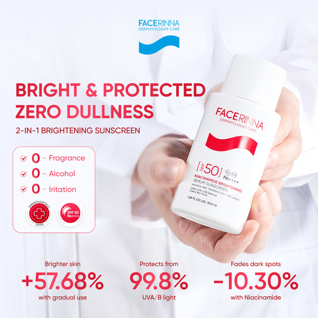 FACERINNA-SERUM SUNSCREEN NIACINAMIDE BRIGHTENING Daily UVA/UVB Defense Evens Skin Tone SPF50+ PA+++