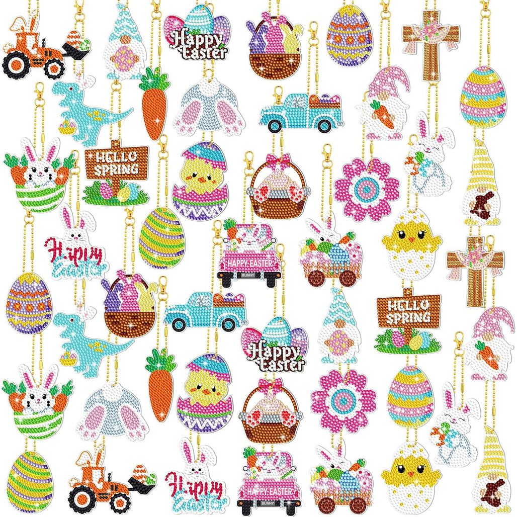 Panelee ชุดอีสเตอร์ 48 ชิ้น DIY เพชรศิลปะ พวงกุญแจ และเครื่องประดับห้อยไข่ สำหรับครอบครัวและเด็ก