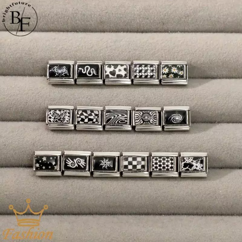 สร้อยข้อมือสแตนเลสขนาด 9 มิลลิเมตร สไตล์อิตาลี สีดำและขาว ทำเอง ให้บุคลิกภาพย้อนยุค