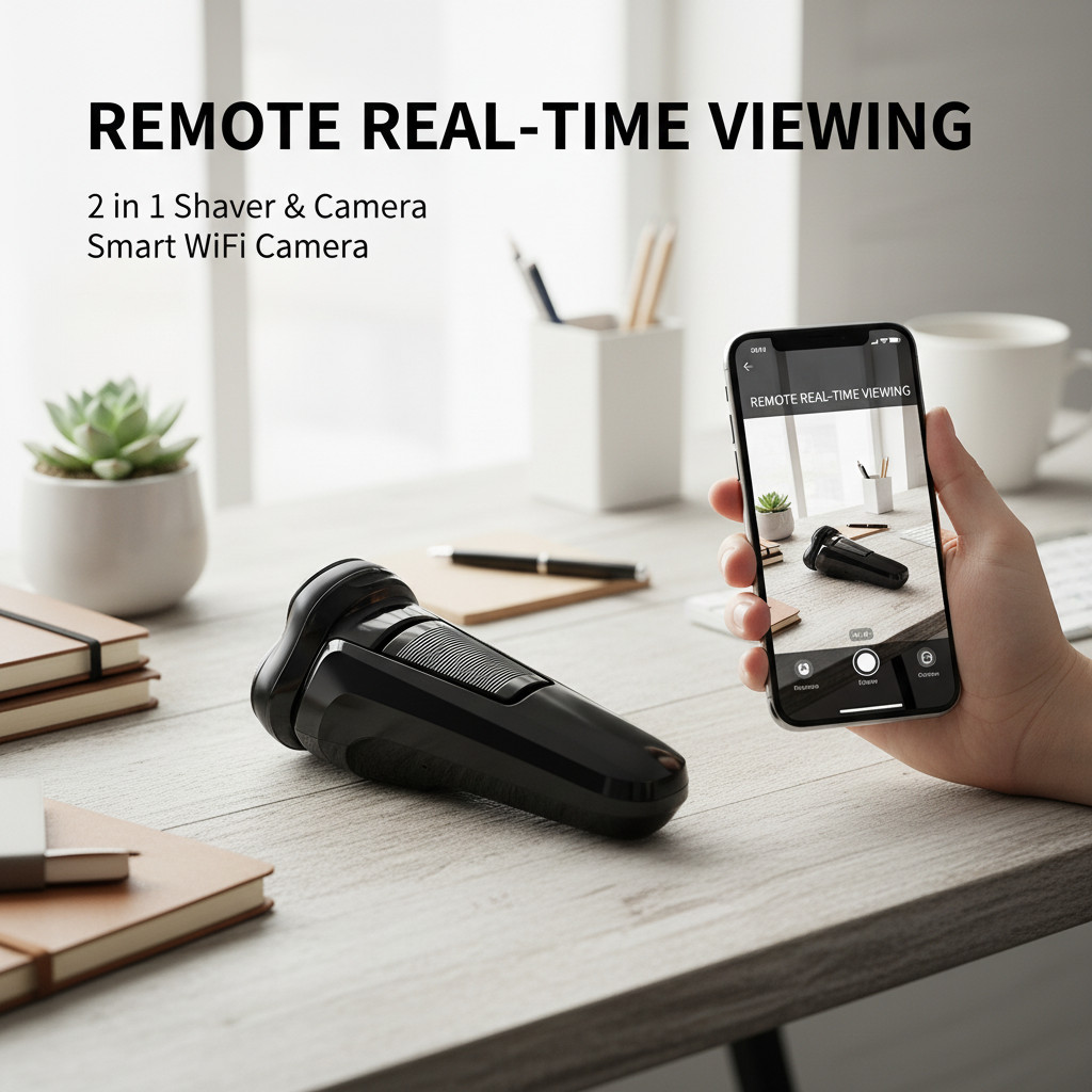 กล้องเครื่องโกนหนวดไฟฟ้า 2-in-1, กล้อง WiFi 4K UHD พร้อมการดูระยะไกล, แบตเตอรี่แบบชาร์จไฟได้ 2600mAh, บันทึกในพื้นที่ไปยังการ์ด SD (ไม่รวม), การตรวจจับการเคลื่อนไหวและควบคุมแอป