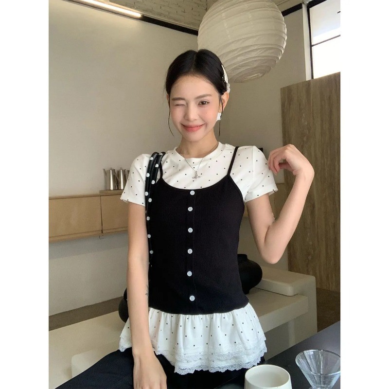 FY-เสื้อยืดสตรี เสื้อแขนสั้น ประเภทประกบ ลายพิมพ์ ขอบลูกไม้ หวาน น่ารัก แฟชั่นฤดูร้อน