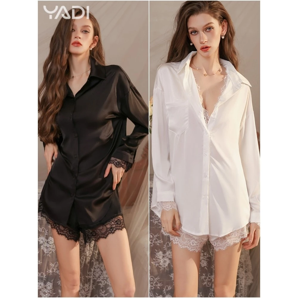 【YADI】🔥พร้อมส่ง ชุดเซ็กซี่ สไตล์เกาหลี ลูกไม้ ชุดนอนเซ็ต ชุดนอน 2 ชิ้น เสื้อเชิ้ตสีขาว กางเกงขาสั้น ใส่สบาย