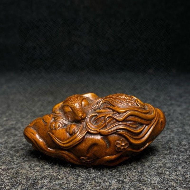 โบราณเก่าทิเบต Boxwood ไม้เนื้อแข็งแกะสลัก Fox Nine-Tailed Fox High-End Wenwan จับชิ้นชาห้องชาชาเครื