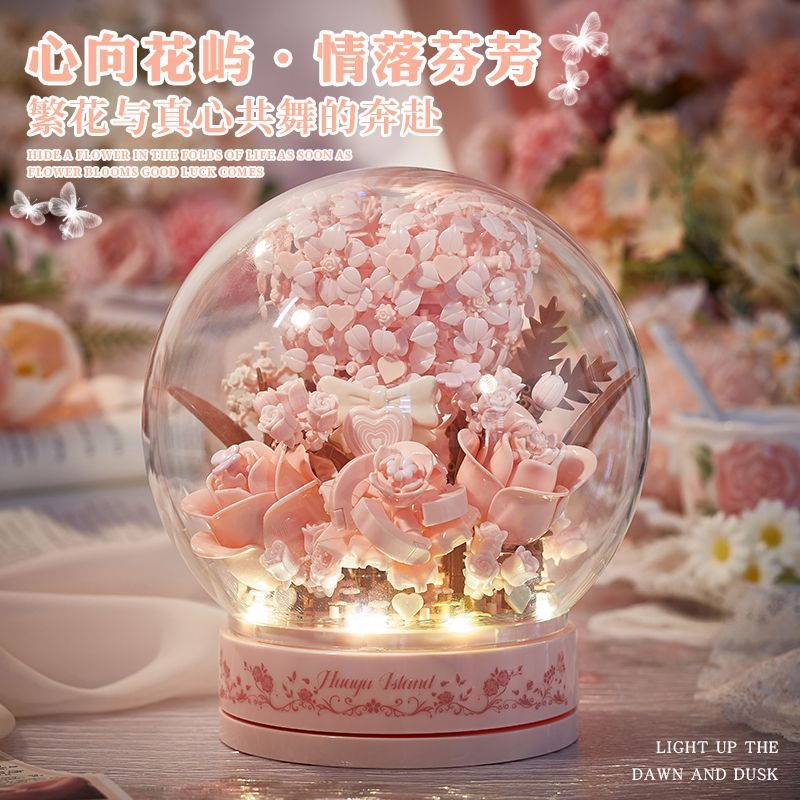 บล็อกอาคารประกอบ Cherry Blossom Tree Rose Heart เครื่องประดับของขวัญสําหรับผู้ชายผู้หญิง * && *